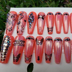 Long Coffin Gel Press on Nails " Black Butterfly "